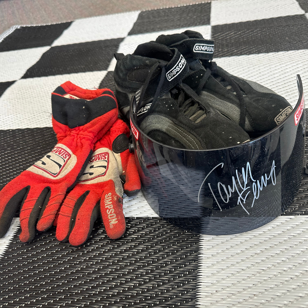 Taylor Ferns Signed Race-Worn Gloves, Shoes and Helmet Visor